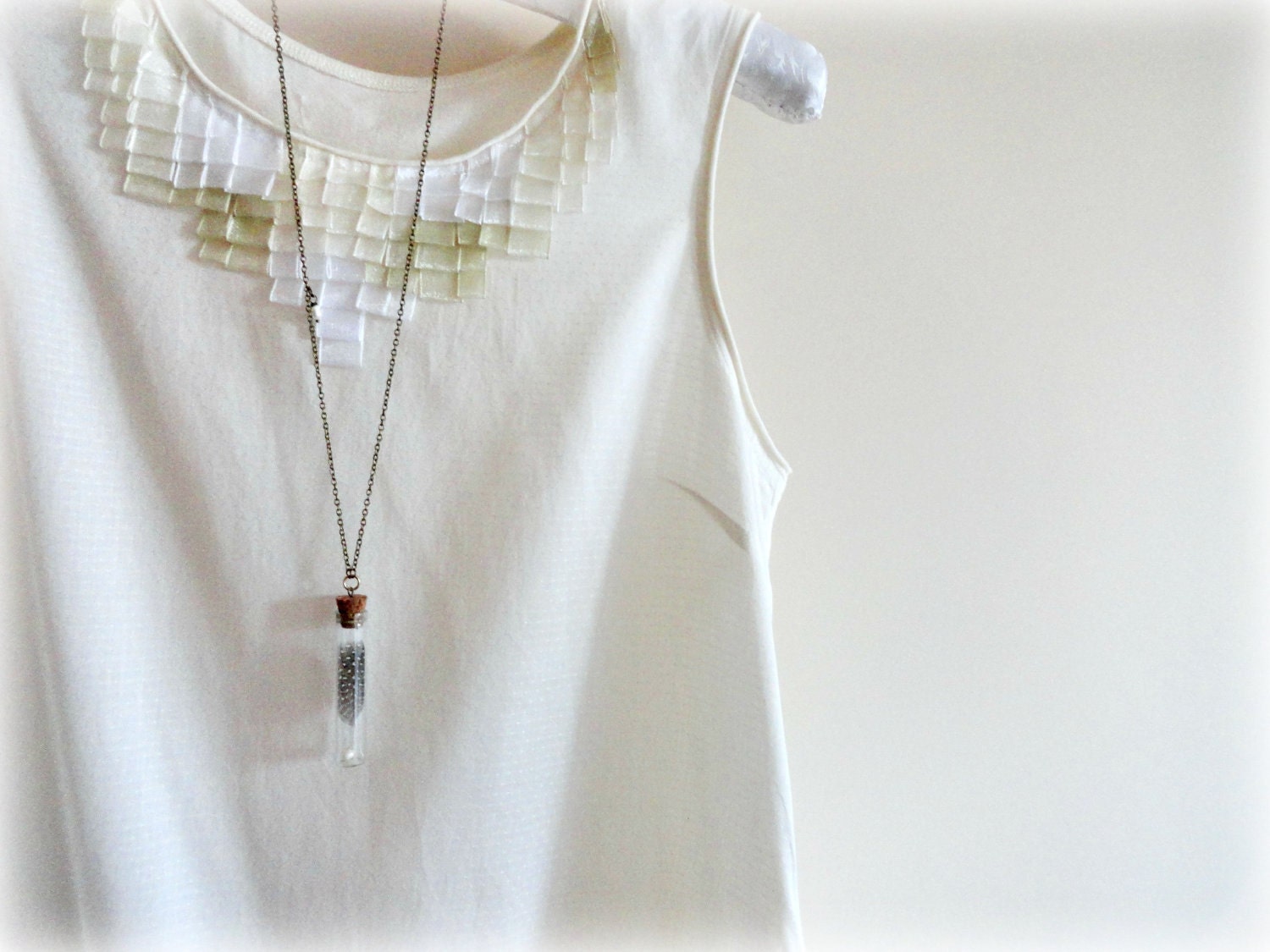 Lichen on twig -  vial necklace Botanical specimen curiosity bottle real preserbed plant flower mint green grey Gift for her
