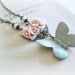 Butterfly and roses - Romantic Necklace blue turquoise Pink resin flower cameo verdigris patina ivory filigree gift for her Woodland jewelry