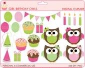 digital clipart owls clip art birthday girls party - Girl Birthday Owls Digital Clipart