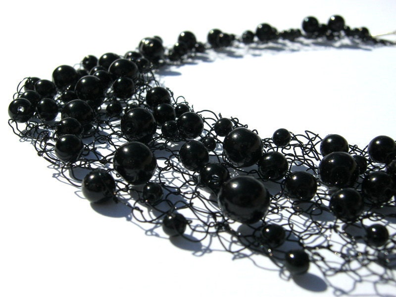 Black Bead Necklace, Hand Knit Wire Jewelry,