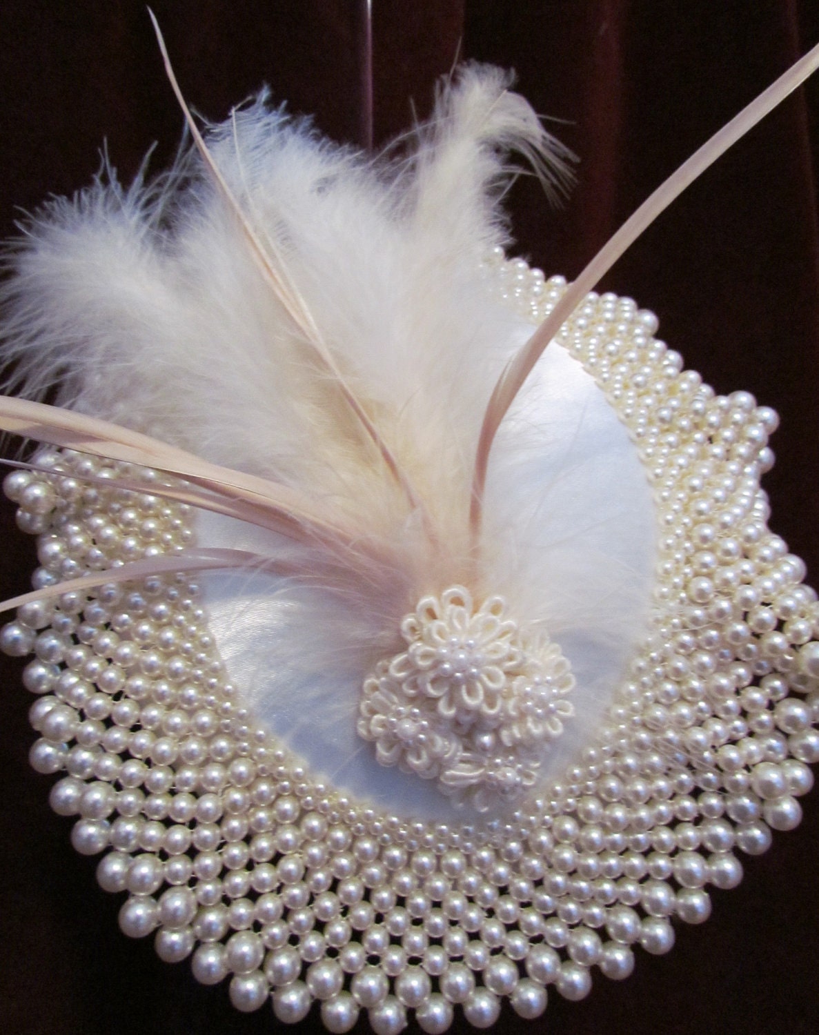 Hat of Pearls, pearl bib, pearl and satin flowers, white feathers, goose biot feathers, headband - CouturePlumes