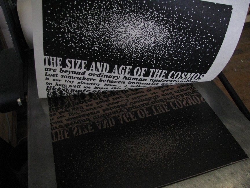 COSMOS - woodcut -  orignal relief print - Carl Sagan - Quote - Stars