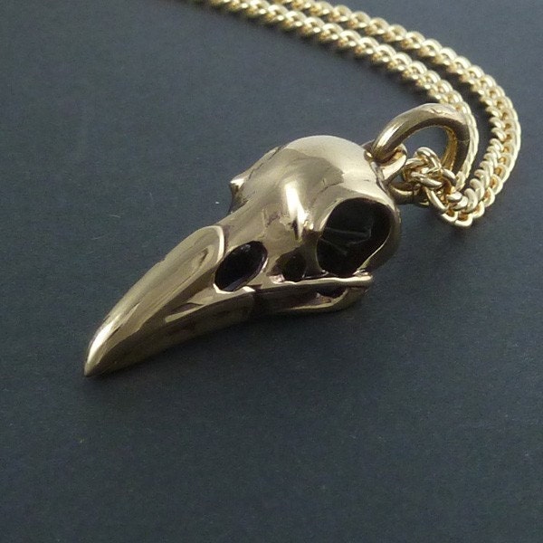 Raven Skull Necklace Bronze Raven Skull Pendant on 24" Gold Plated Chain