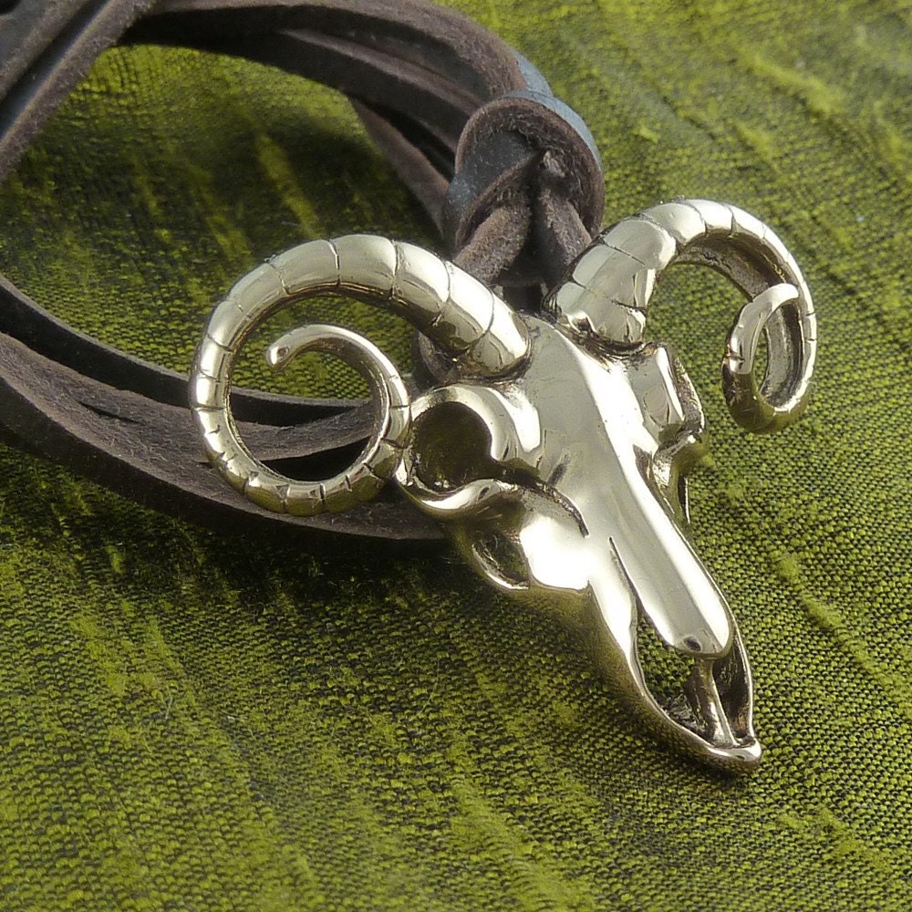 Ram Skull Necklace Bronze Ram Skull Pendant on Leather