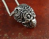 Day of the Dead Necklace Antique Silver Sugar Skull Pendant on 18" Antique Silver Chain