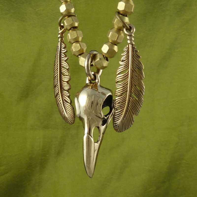 Native American Necklace Raven Skull with Feathers Bronze Pendant on 20" Antique Bronze Chain