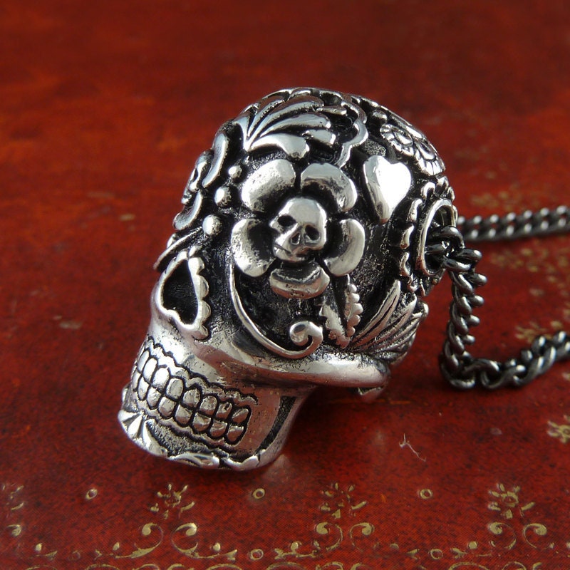 Sugar Skull Necklace Antique Silver Sugar Skull Pendant Necklace on 24" Gunmetal Chain