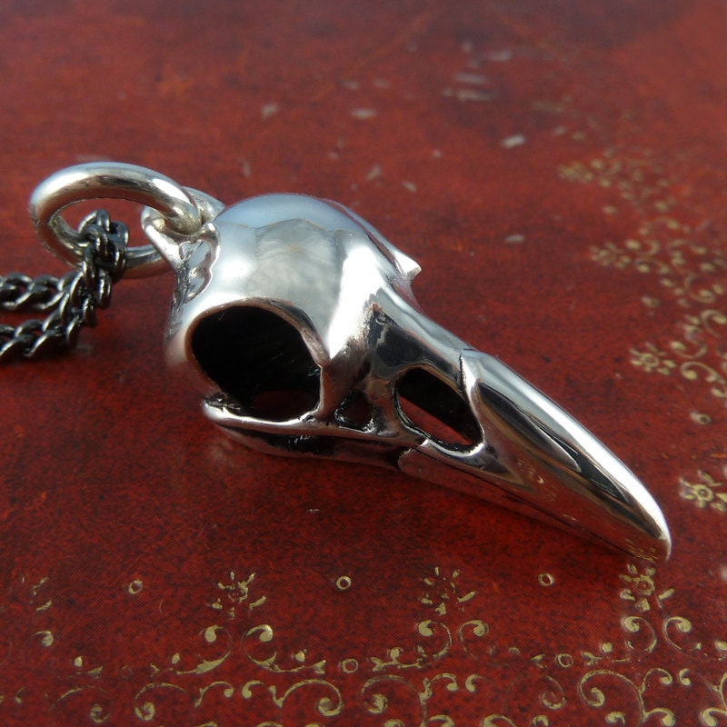 Raven Skull Necklace Antique Silver Raven Skull Pendant on 24" Gunmetal Chain
