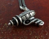 Steampunk Gun Necklace Antique Silver Sci Fi Ray Gun on 24" Gunmetal Chain