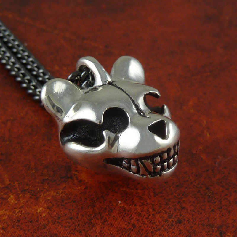 Teddy Bear Jewelry Antique Silver Teddy Bear Skull Pendant on 24" Gunmetal Chain
