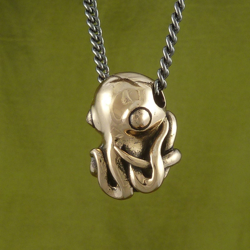 Octopus Necklace Bronze Octopus Pendant on 24" Gunmetal Chain - Octopus Jewelry