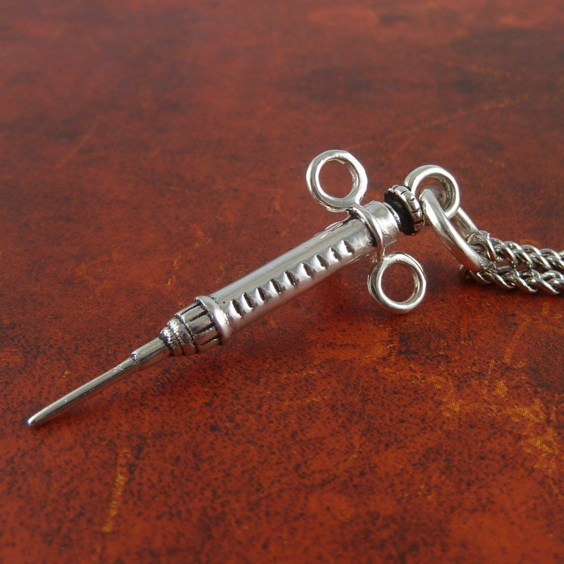 Syringe Necklace Antique Silver Syringe Pendant on 24" Antique Silver Chain- Nurse Jewelry