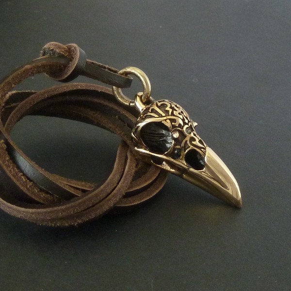 Bird Skull Raven Skull Necklace with Tribal Design - Bronze Pendant on Leather
