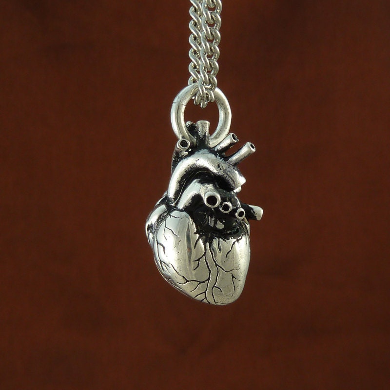 Gothic Heart Necklace Antique Silver Anatomical Heart Pendant on 24" Antique Silver Chain