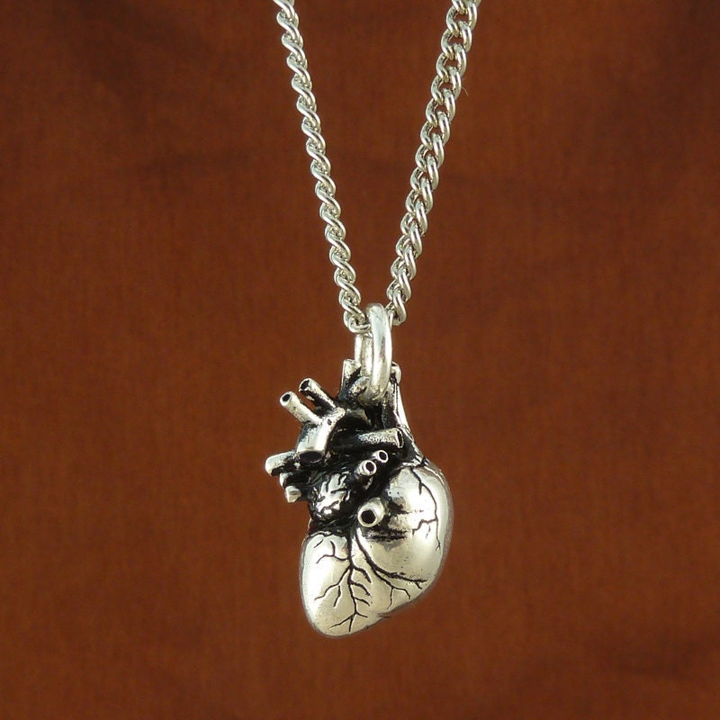 Gothic Heart Necklace Antique Silver Anatomical Heart Pendant on 24" Antique Silver Chain