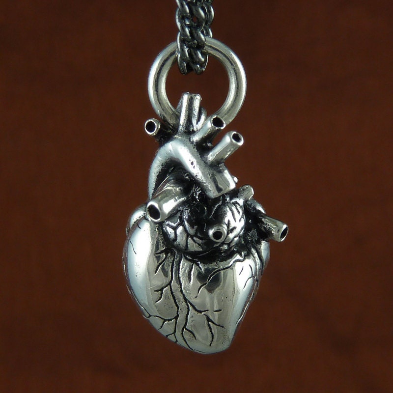 Anatomical Heart Necklace Antique Silver Anatomical Heart on 32" Gunmetal Chain