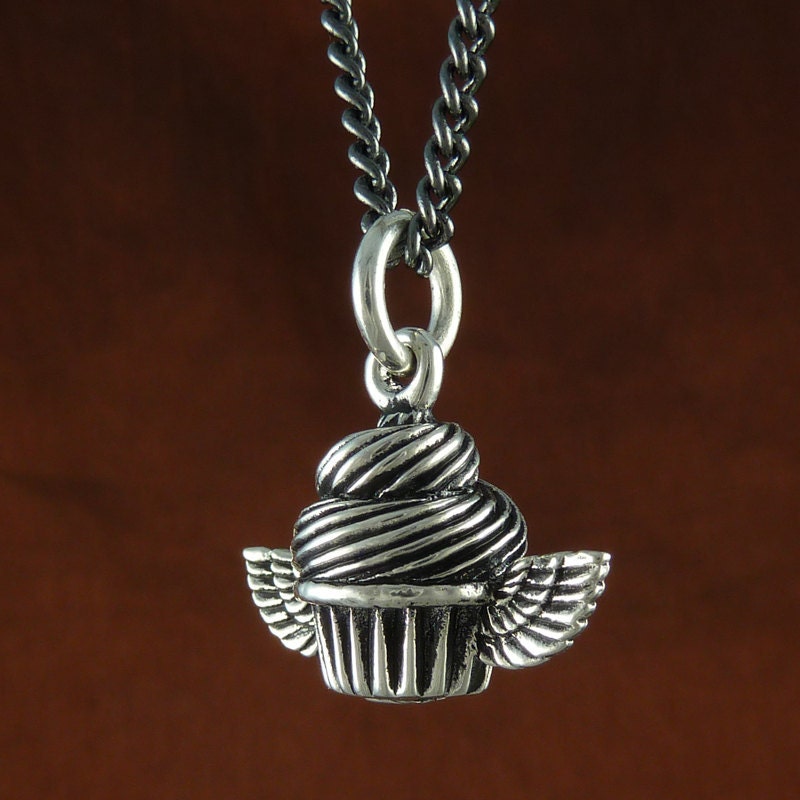 Cupcake Jewelry Antique Silver Cupcake Pendant Necklace on 18" Gunmetal Chain