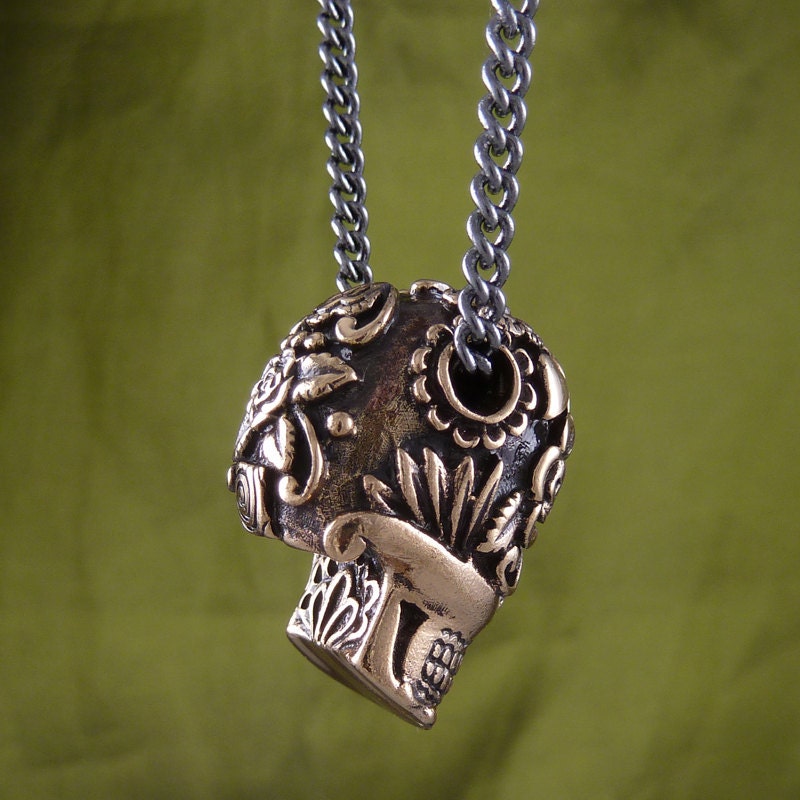 Sugar Skull Necklace Bronze Sugar Skull Pendant on 24" Gunmetal Chain