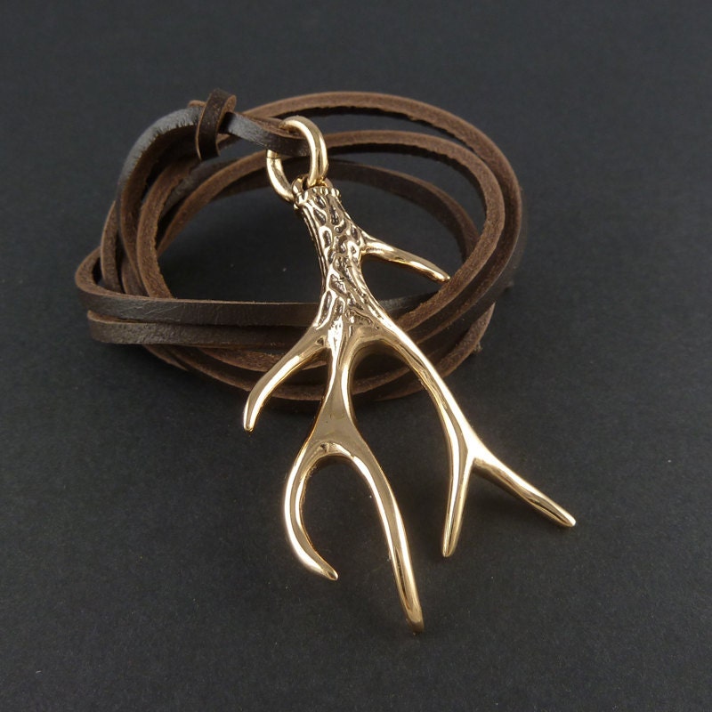 Antler Necklace Bronze Antler Pendant on Leather - Deer Necklace