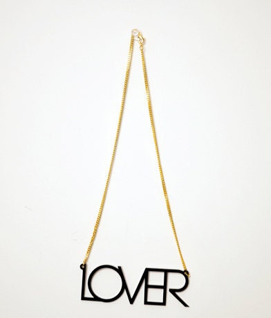 Lover Necklace - Laser Cut Black Acrylic Pendant, Gold Plated Chain