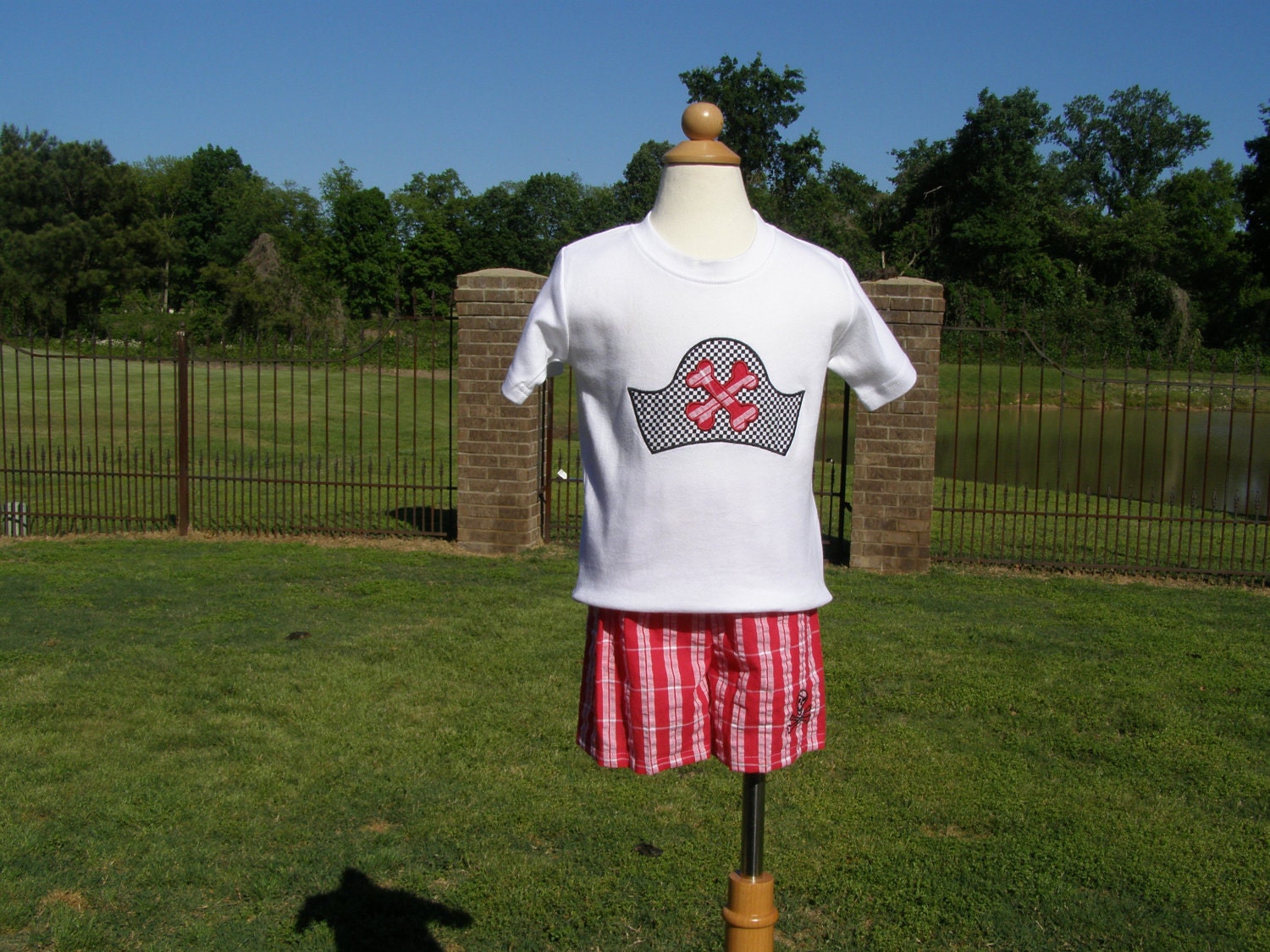 Pirate Hat Tee Shirt and Red Plaid Seersucker Shorts for Boys by FairyTale Frocks