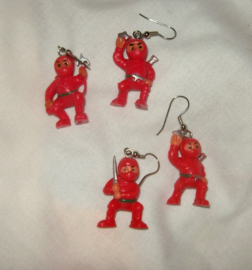 Tiny Ninja earrings rubber toy kawaii kitsch upcycled cute toys repurposed internet meme hot pink