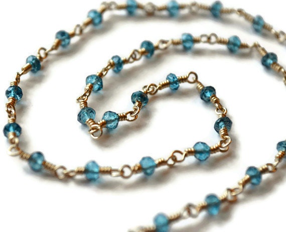 London Blue Topaz Necklace, 14k Gold Links, Rosary Style Wire Wrapped