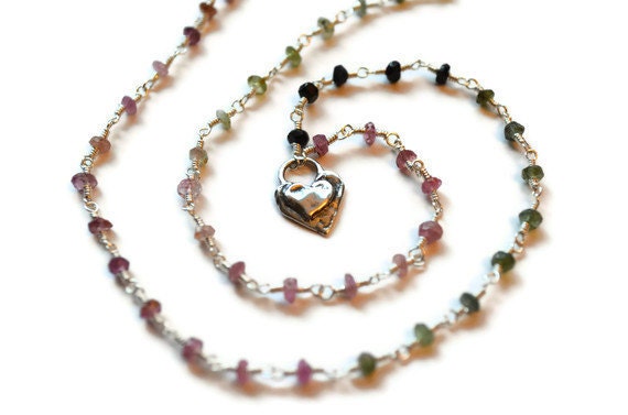 Watermelon Tourmaline Necklace, Silver Heart Pendant, Wire-Wrapped Sterling Silver Rosary Style