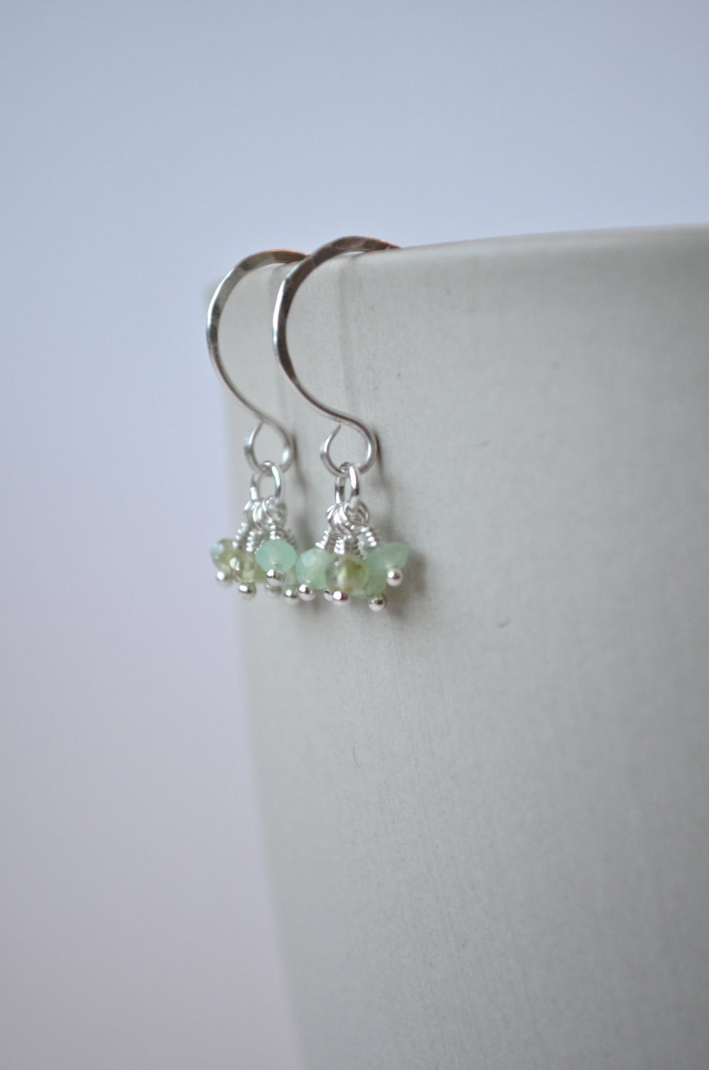 Chrysoprase Earrings, Mint Green Opaque Gem Cluster, Rustic Hammered Sterling Silver