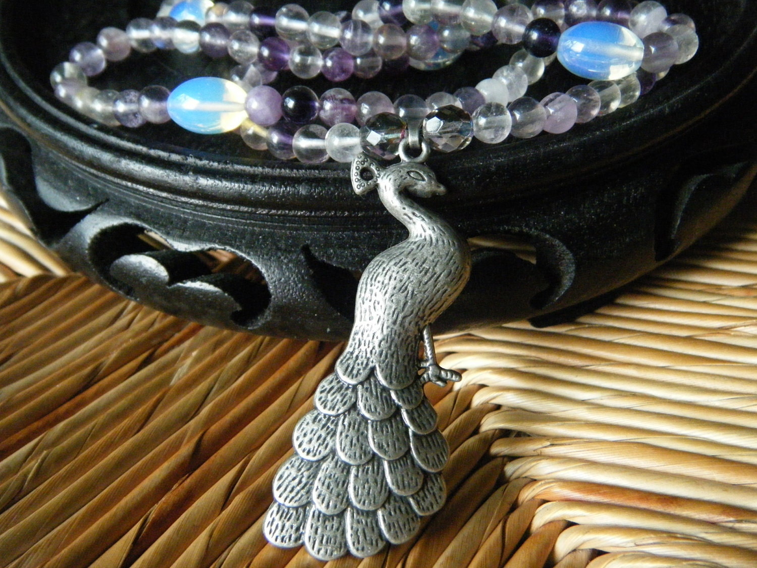 Peaceful & Soul- inspirational crystal gemstone 108 bead mala necklace-boho yoga zen peacock prayer beads