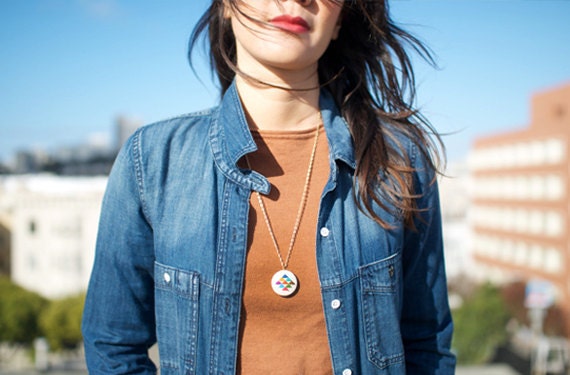 Golden Triangle Cross Stitched Embroidered Pendant Necklace