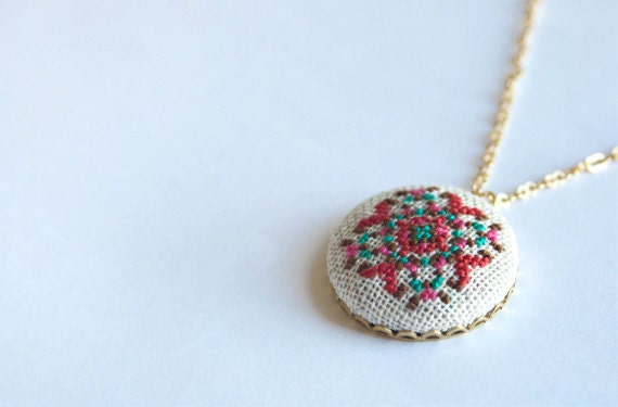 Folk Fractal Cross Stitched Embroidered Pendant Necklace