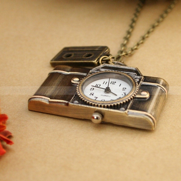 Vintage camera pocket watch charm necklace with antique bronze magnetic tape charm