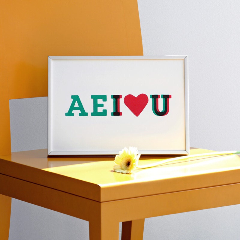 AEI love U. Turquoise & watermelon screenprint 8.3 x 11.7 (A4)