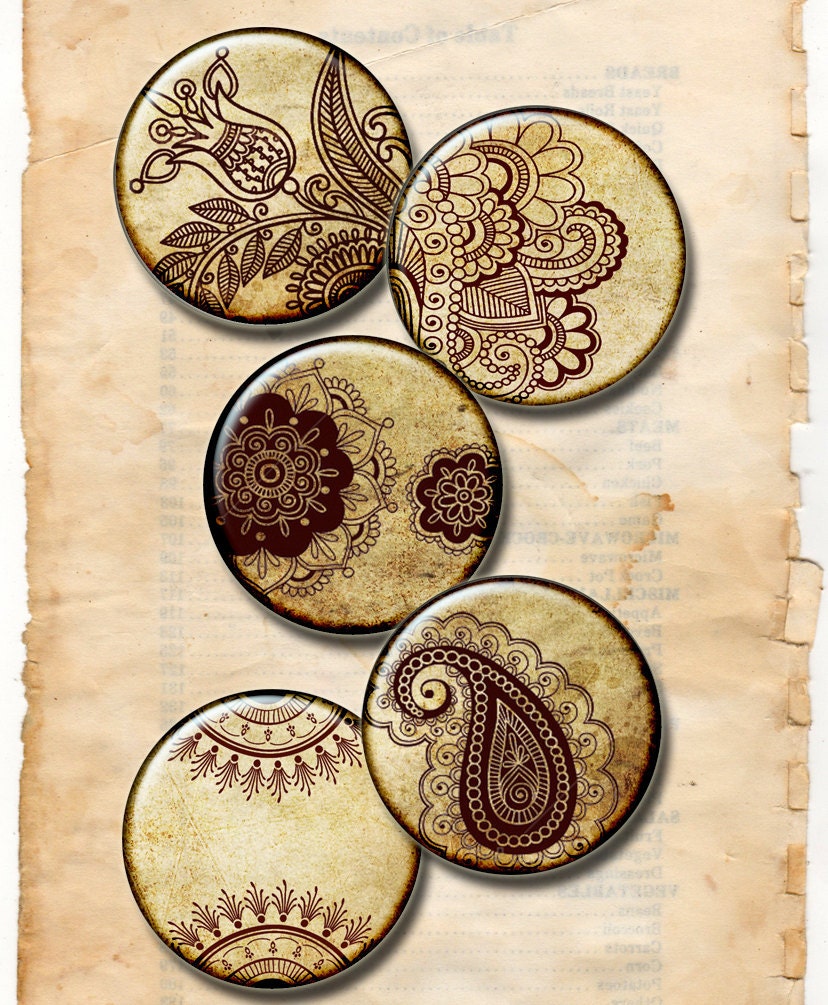 Henna drawing ,Mehndi, Zen Yoga  1 inch circles  -  Digital Collage Sheet,  instant Download for Resin Pendant, Round Circle Images 140