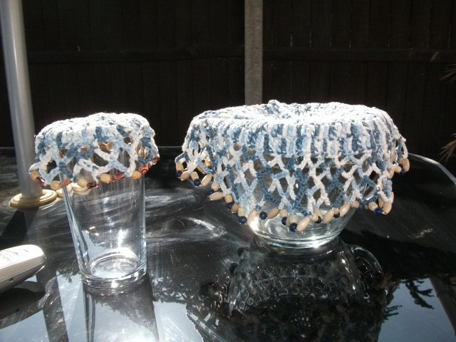 Beaded Crochet Jug/Bowl Cover in Blue & White Bamboo. Dining Accessories, Spring, Summer, Outdoors, Picnics.