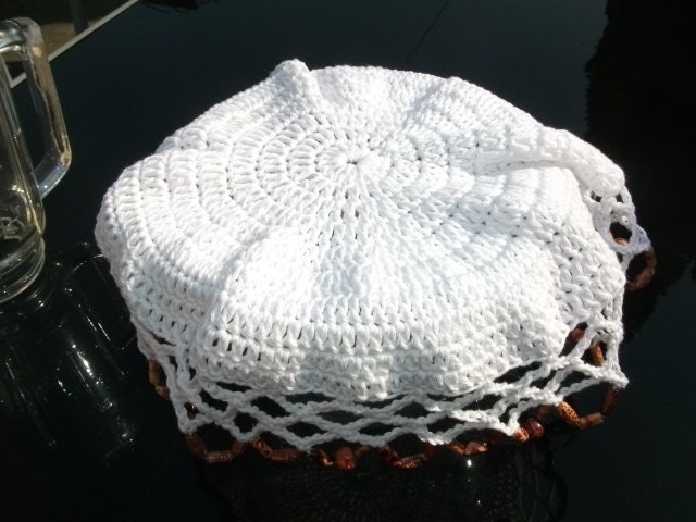 SALE Crochet Beaded Jug/Bowl Cover in White Cotton. Picnics, Dining, Outdoor Living, Alfresco, Spring, Summer