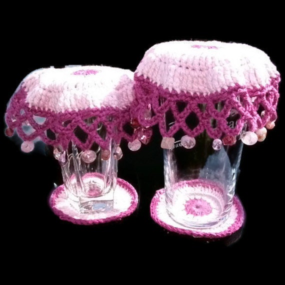 Beaded Glass Covers and Coaster Sets in Pink & Dk Pink. Eco Friendly, Spring, Summer, Picnics, Alfresco, Outdoor Dining.