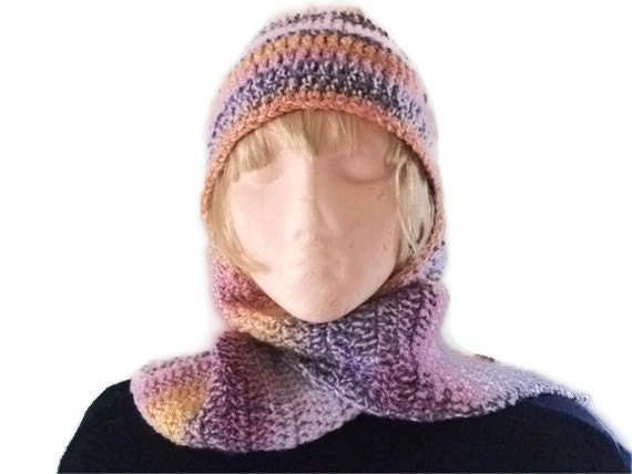 Crochet Hat & Scarf All in One Combo - Sunset Shades. Accessories, Hat, Scarf. Hat and Attached Scarf.