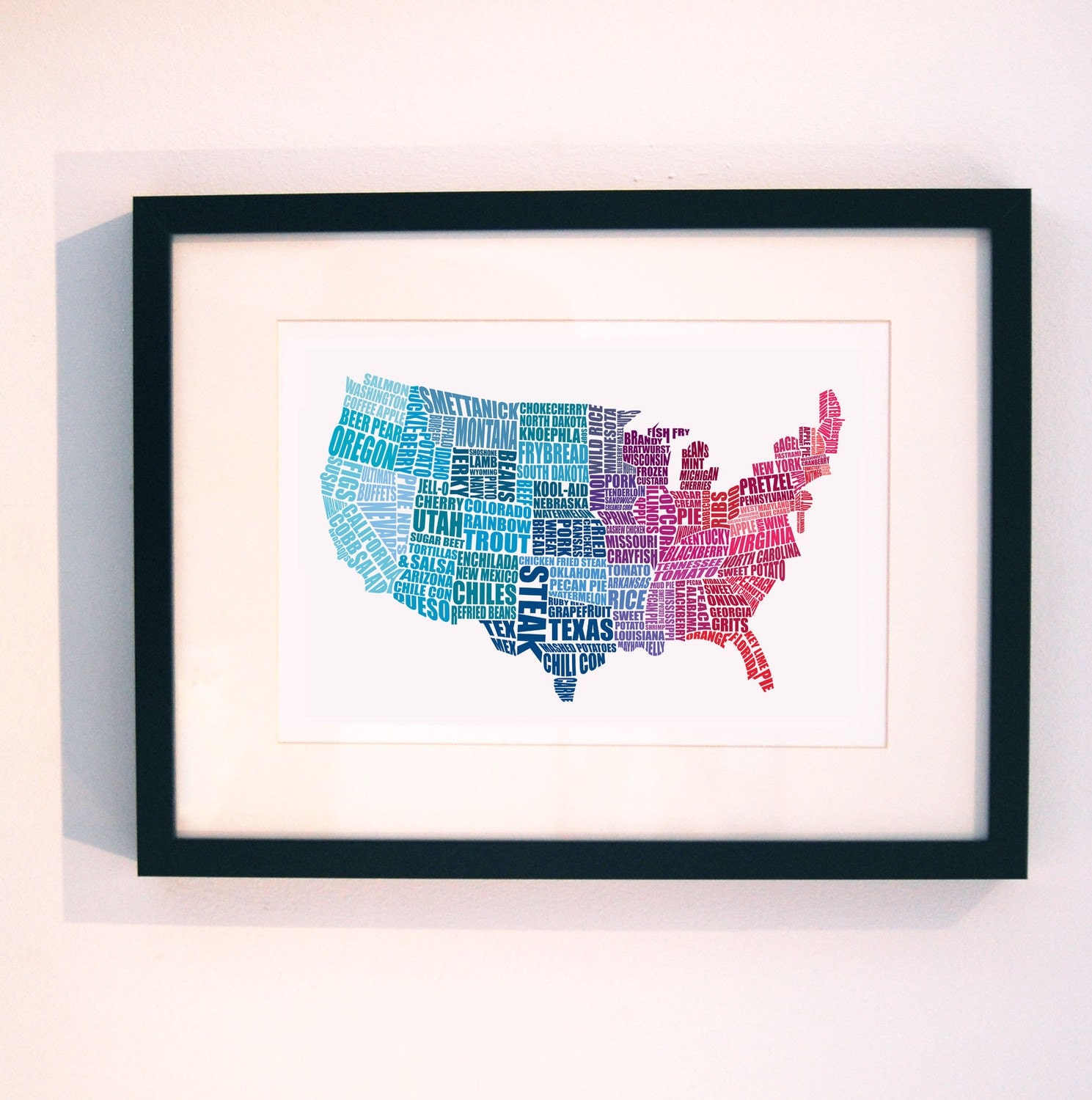 American Gastronomy map red and blue // typographical print