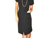 Vintage 50s 60s Black Preppy Shift Dress Bow Detail Full Length Buttons Small S