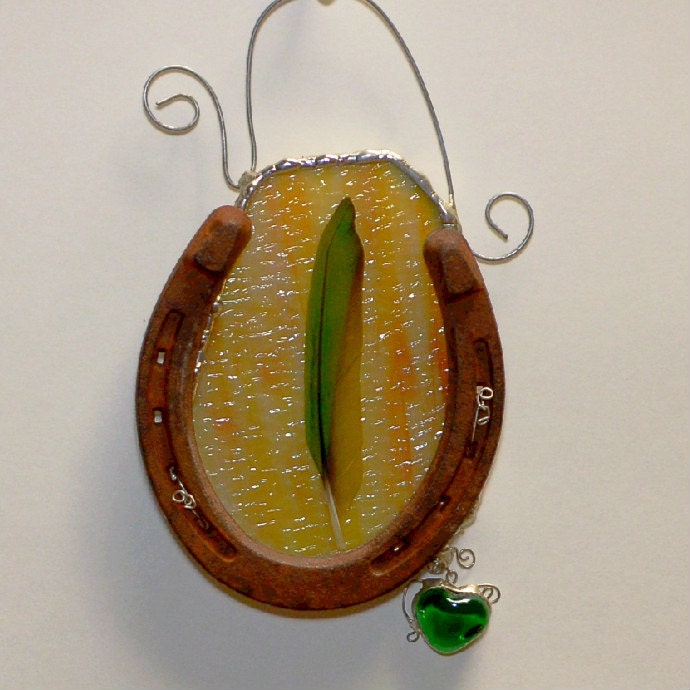 Stain Glass Suncatcher Horse Tack Abstract Warm Golden Tones Green Heart