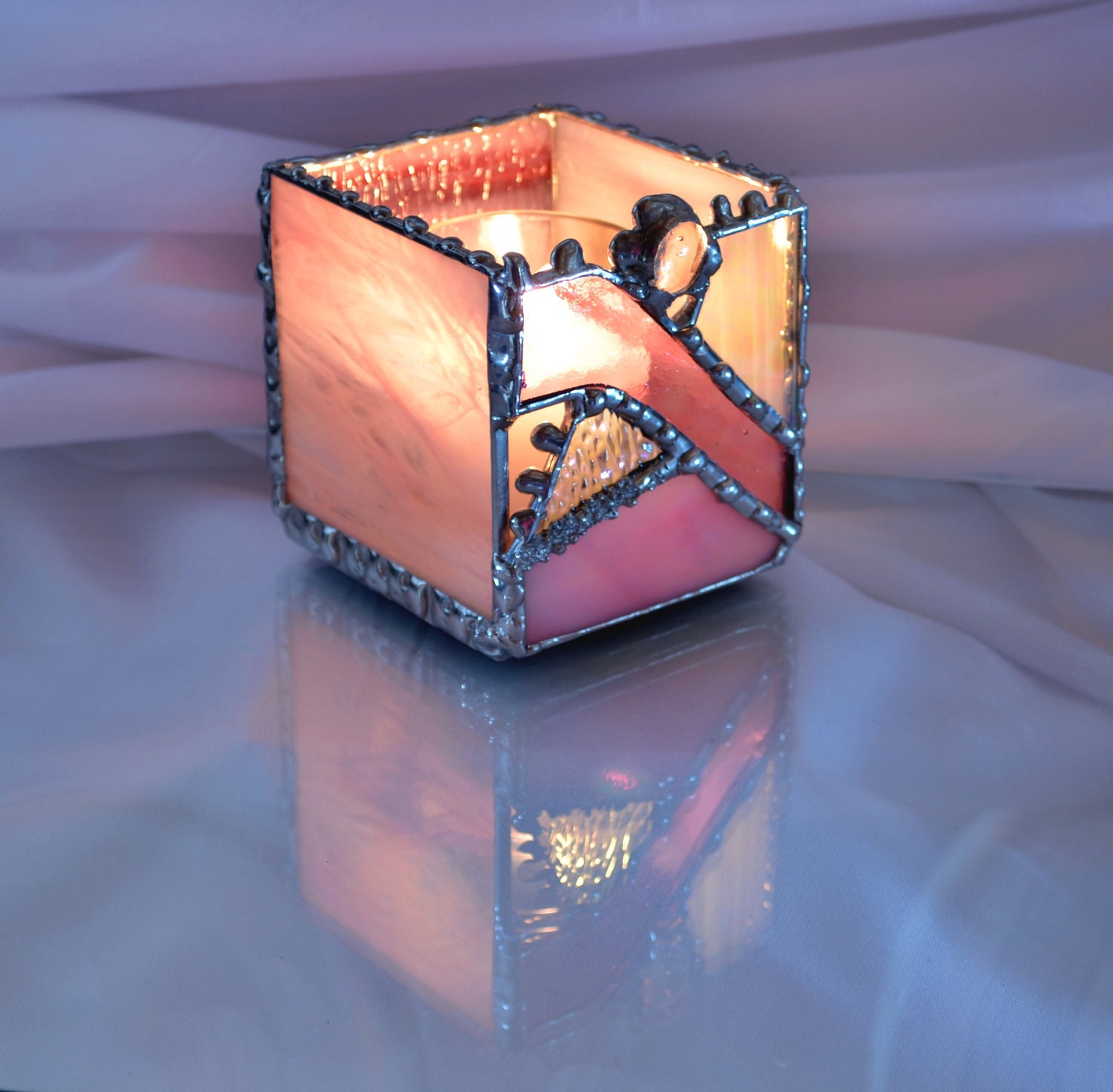 Pink Toned Stained Glass Candle Holder Updated Geometric Design