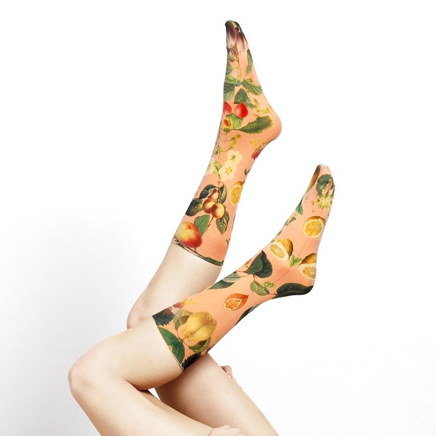 Hand Printed Fruit Socks in Peach