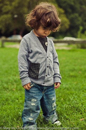 Boys Cardigan Sweater with Houndstooth Pocket Grey for toddlers