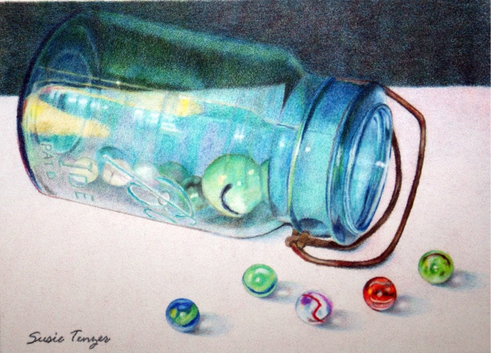 Fine Art Print Marbles Blue Mason Jar