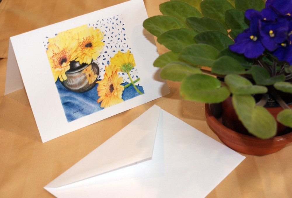 Three Printed Note Cards Yellow Flowers