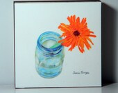 Original Painting Orange Flower In A Blue Mason Jar