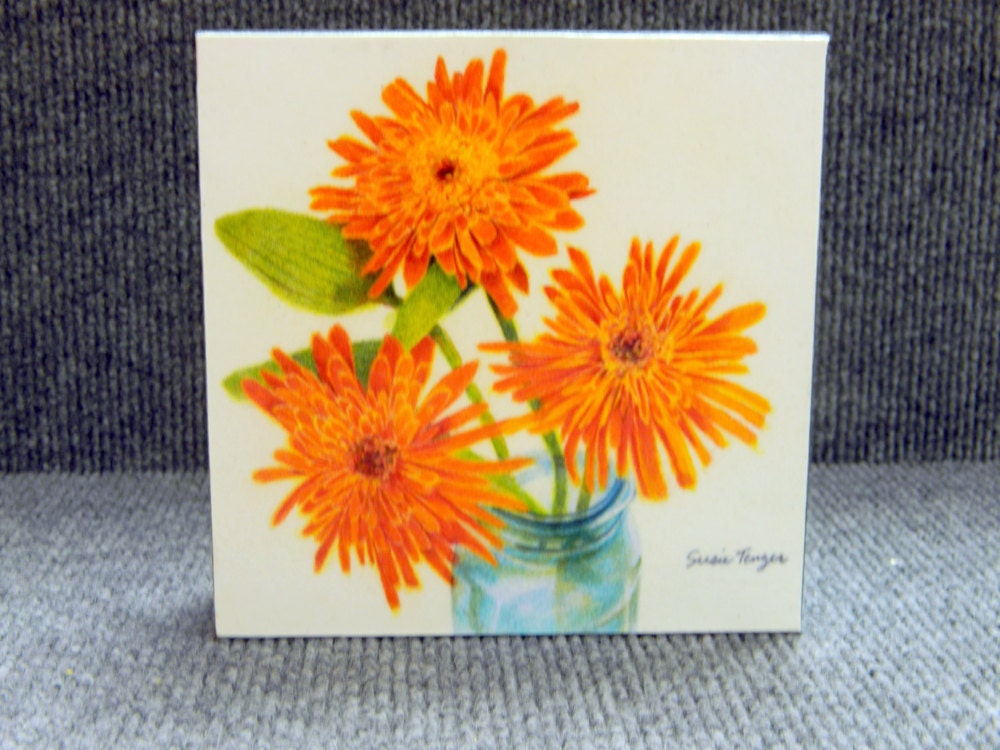 Original Art Painting Three Orange Daisies In A Blue Mason Jar