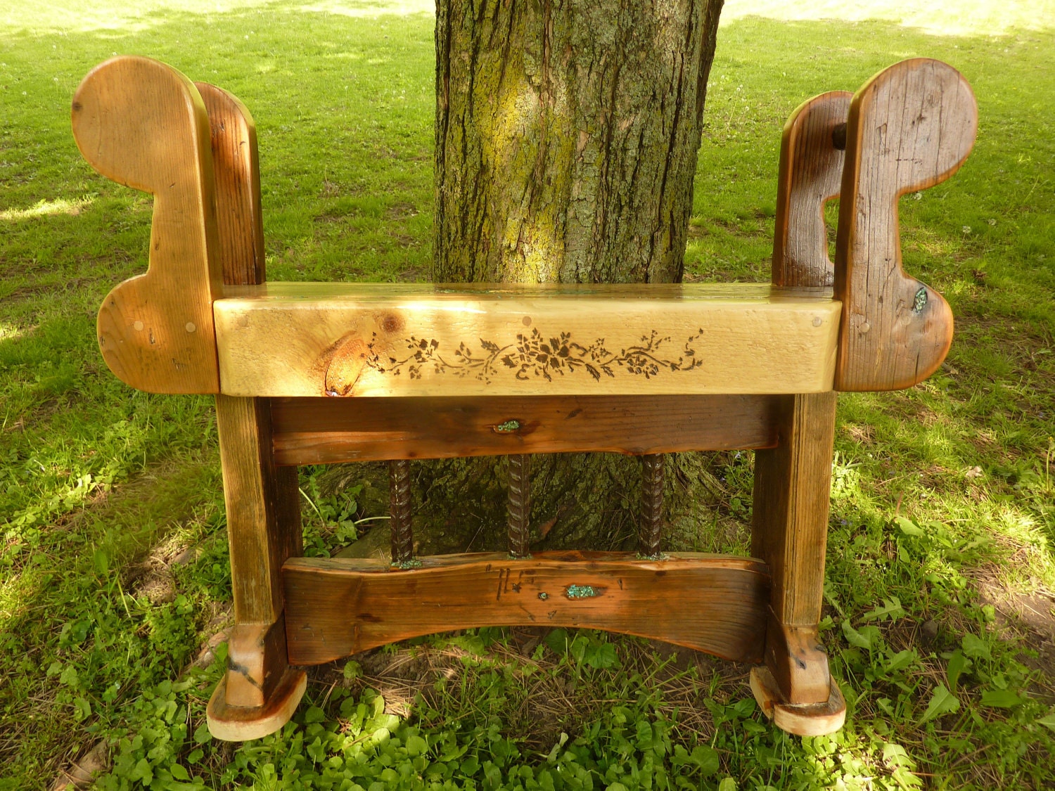 Reclaimed Large Barnwood dressing Bench with rebar and Turquoise inlays barn wood